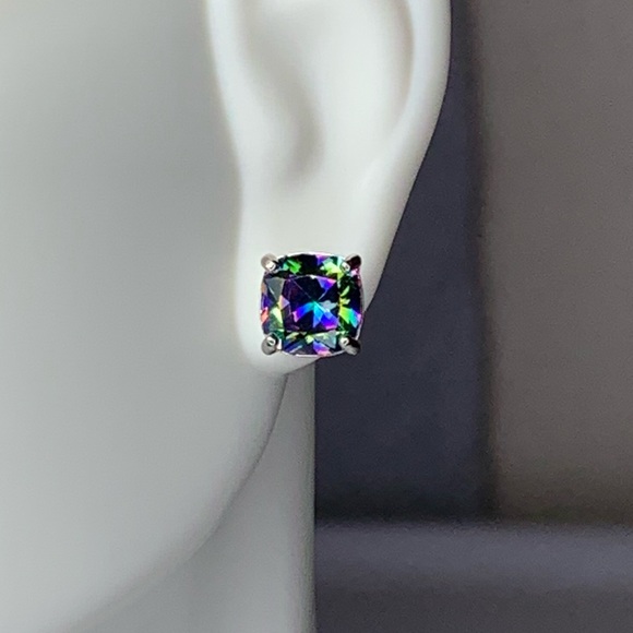 Silver Plated Square Rainbow CZ Stud Earrings - Picture 2 of 3